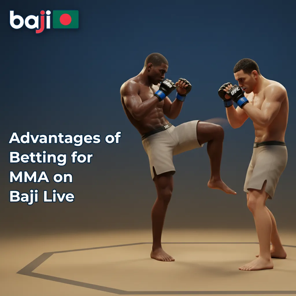 Banner listing Baji Live MMA betting advantages: competitive odds, full markets, in-play, cash out, BDT payments, safeguards