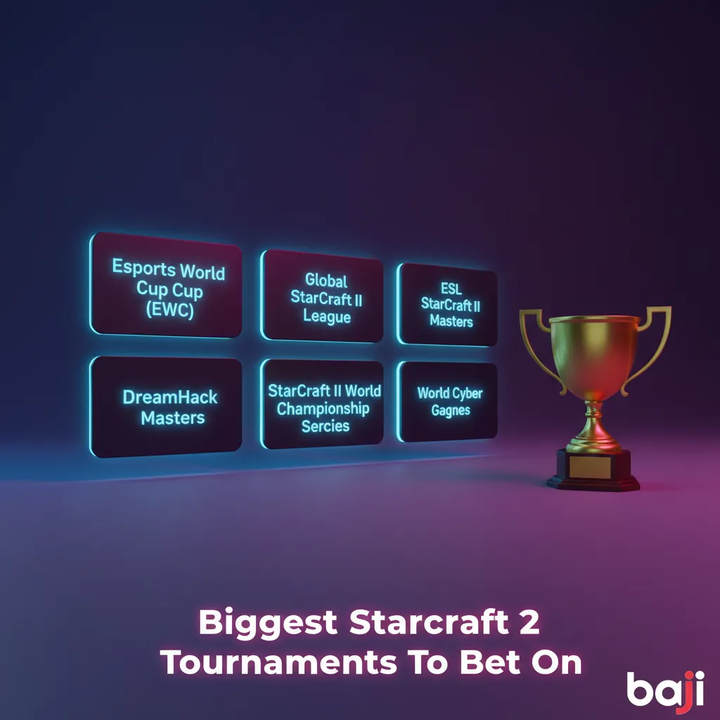 Graphic of biggest StarCraft II tournaments to bet on: EWC, GSL, ESL Masters, IEM Katowice, TSL, WTL.