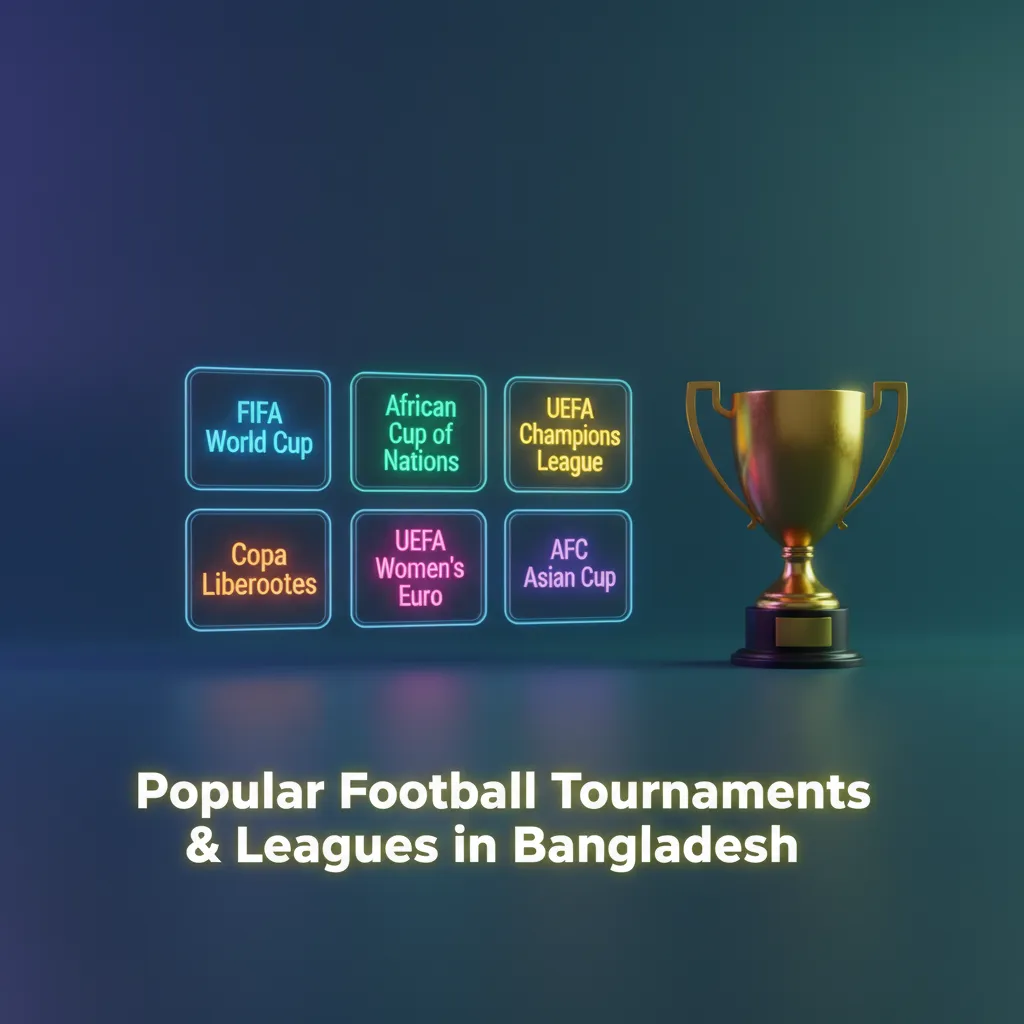 Collage of football tournaments followed in Bangladesh: FIFA World Cup, UEFA, AFC, SAFF, EPL, and Bangladesh Premier League.