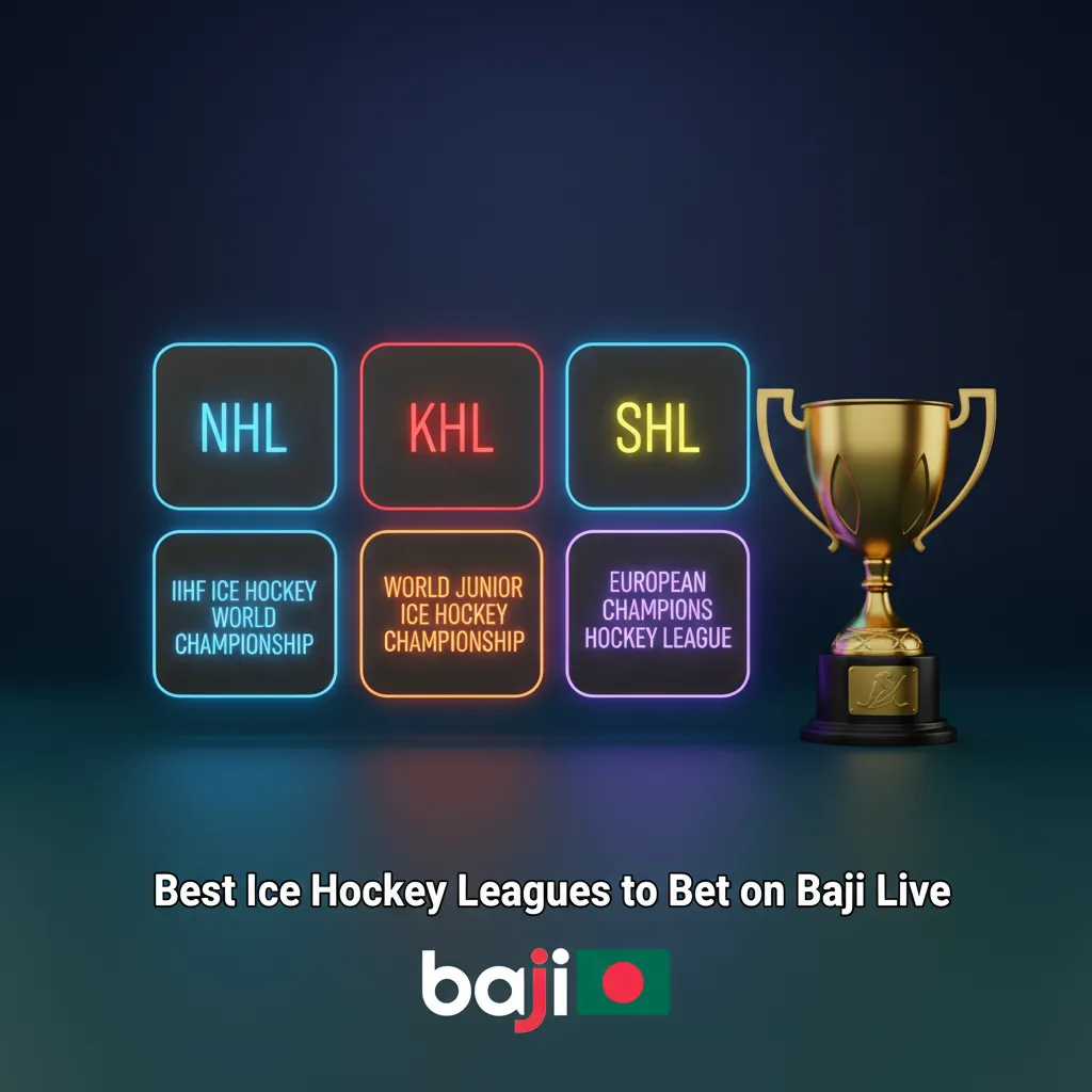 Baji Live banner listing best ice hockey leagues to bet on: NHL, KHL, SHL, Liiga, National League, DEL, IIHF, Olympics.