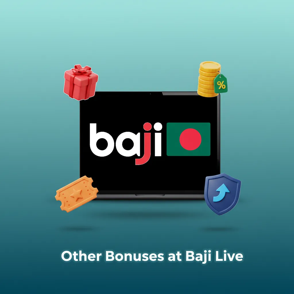 Baji Live promo showing ongoing offers: reload bonuses, cashback, free bet missions, drops & prize races, refer-a-friend.