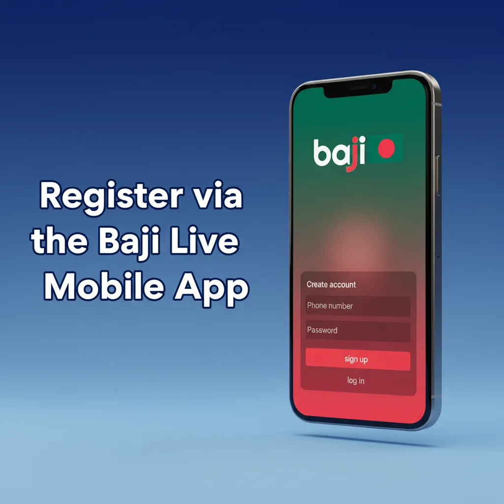 Baji Live Android app registration: download APK, tap Register, pick method, set BDT, fill details, verify OTP.